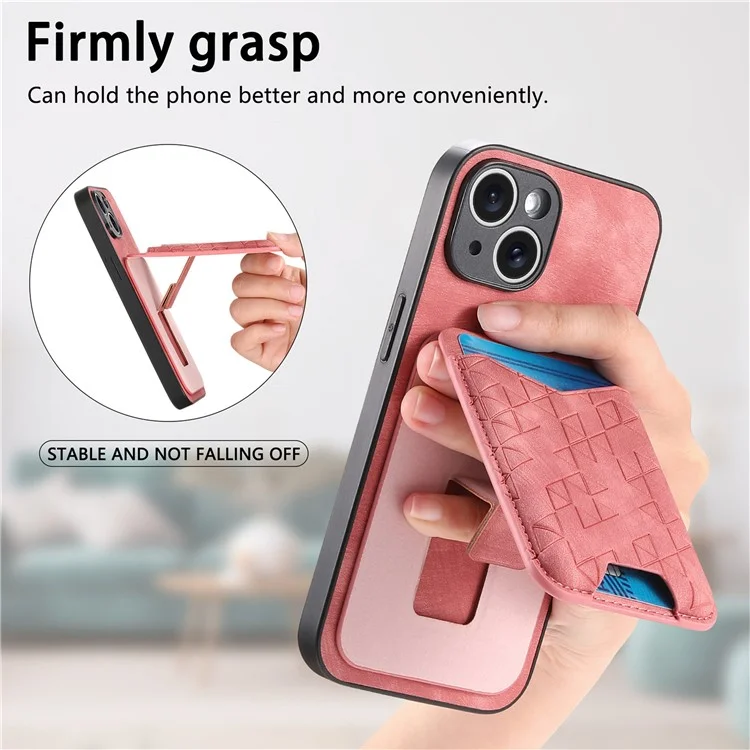 Funda para iPhone 15 con patrón estampado, soporte y bolsillo para tarjetas - Rosa