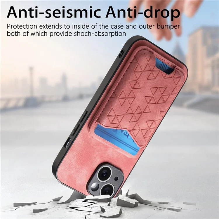 Funda para iPhone 15 con patrón estampado, soporte y bolsillo para tarjetas - Rosa