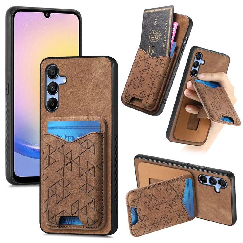 For Samsung Galaxy A15 4G / 5G Case Imprinted Pattern Card Holder Kickstand Leather Back Cover - Brown