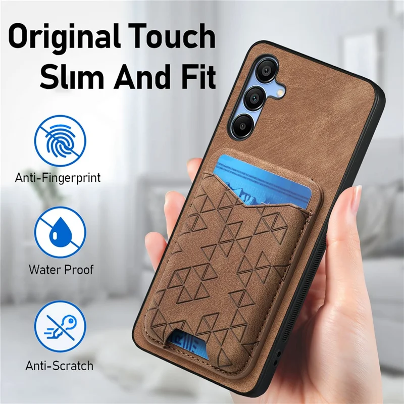 For Samsung Galaxy A15 4G / 5G Case Imprinted Pattern Card Holder Kickstand Leather Back Cover - Brown