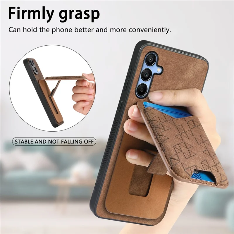 For Samsung Galaxy A15 4G / 5G Case Imprinted Pattern Card Holder Kickstand Leather Back Cover - Brown