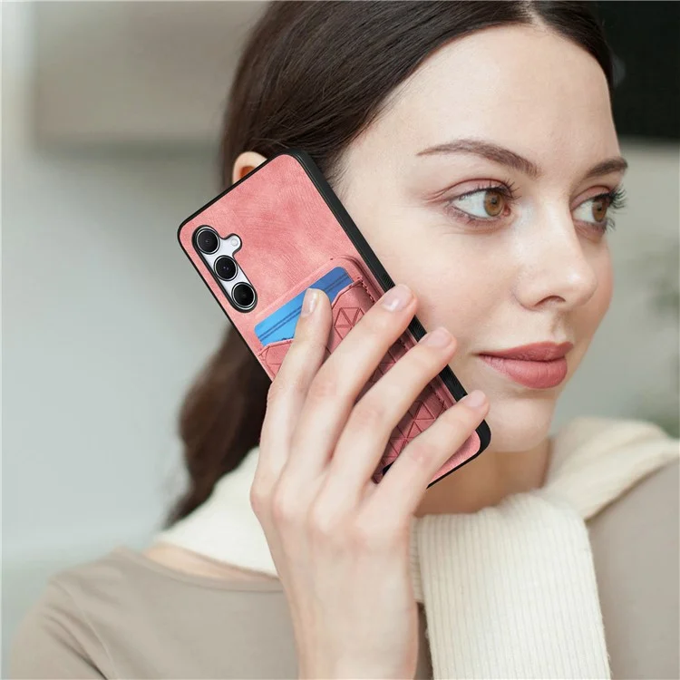Funda para Samsung Galaxy 55 5G con patrón grabado, soporte y compartimento para tarjetas, cubierta trasera de piel - Rosa