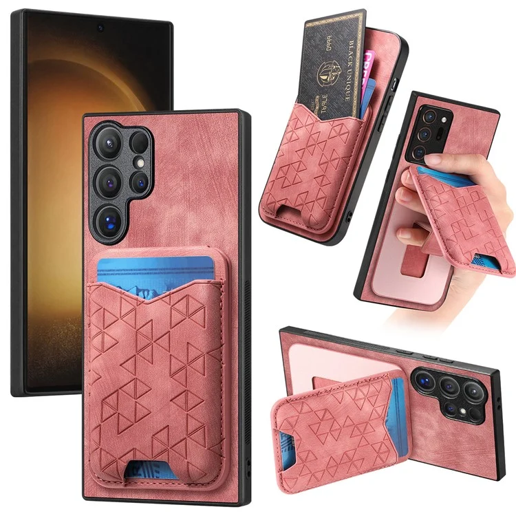 Funda para Samsung Galaxy S23 Ultra con patrón estampado, soporte y compartimento para tarjetas, cubierta trasera de cuero - Rosa