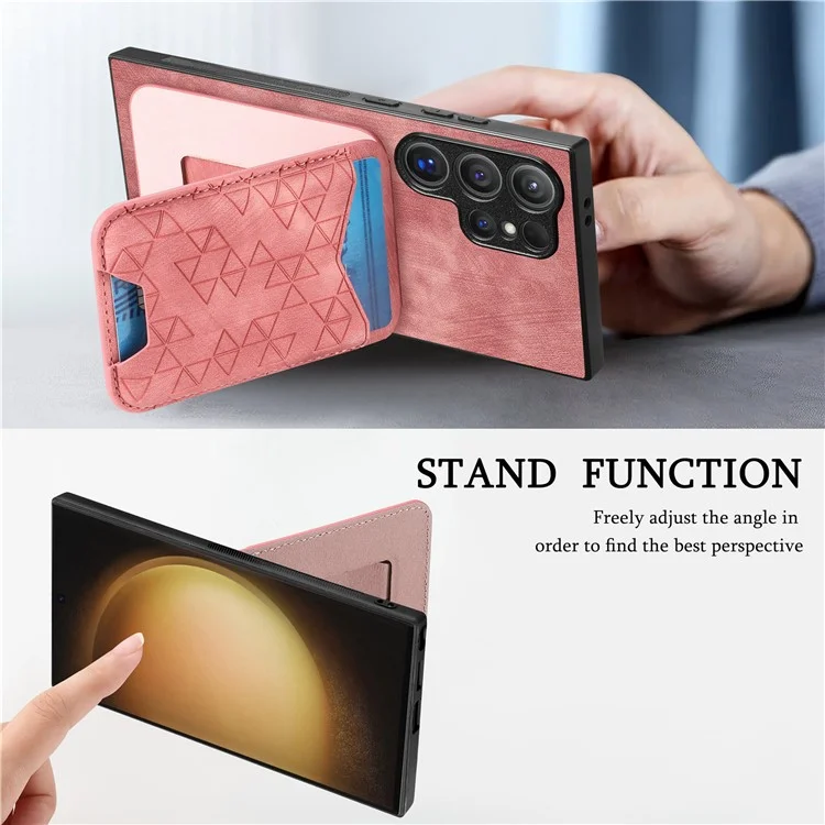 Funda para Samsung Galaxy S23 Ultra con patrón estampado, soporte y compartimento para tarjetas, cubierta trasera de cuero - Rosa