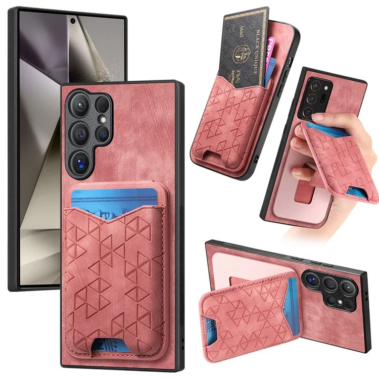 For Samsung Galaxy S24 Ultra Case Imprinted Pattern Card Holder Kickstand Leather Back Cover - Pink