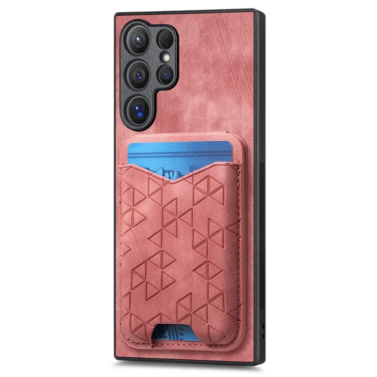 For Samsung Galaxy S24 Ultra Case Imprinted Pattern Card Holder Kickstand Leather Back Cover - Pink
