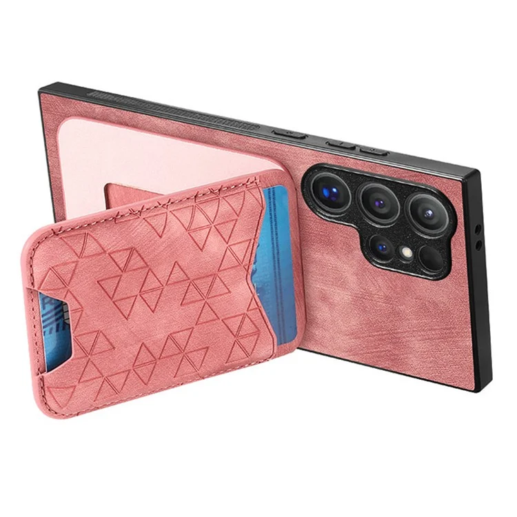 For Samsung Galaxy S24 Ultra Case Imprinted Pattern Card Holder Kickstand Leather Back Cover - Pink