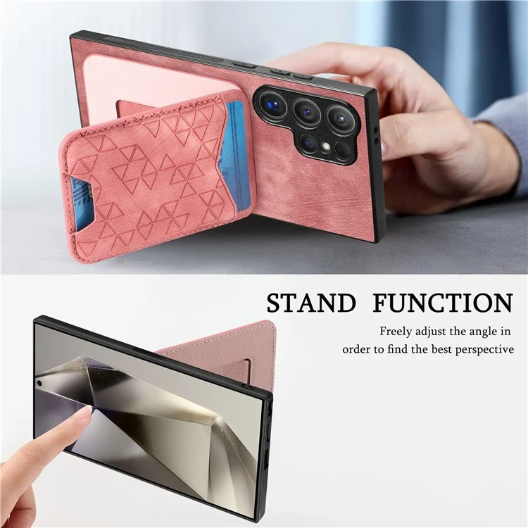 For Samsung Galaxy S24 Ultra Case Imprinted Pattern Card Holder Kickstand Leather Back Cover - Pink