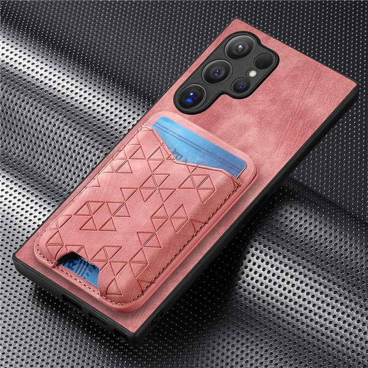 For Samsung Galaxy S24 Ultra Case Imprinted Pattern Card Holder Kickstand Leather Back Cover - Pink