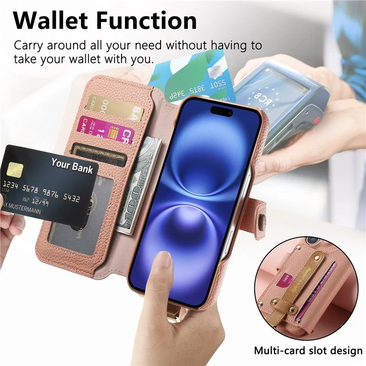 Capa para iPhone 13 com bloqueio RFID, carteira com zíper, em couro PU - Rosa
