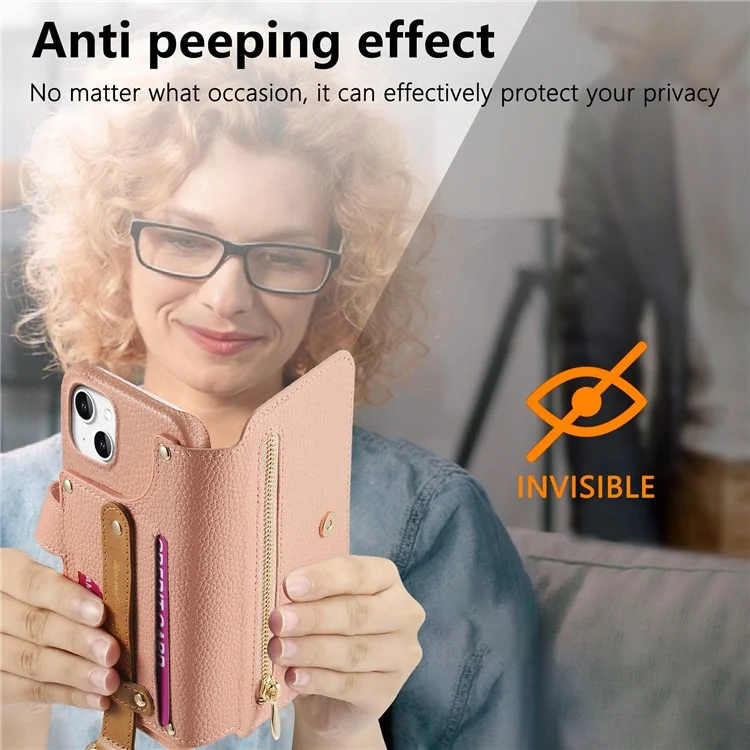 Capa para iPhone 13 com bloqueio RFID, carteira com zíper, em couro PU - Rosa