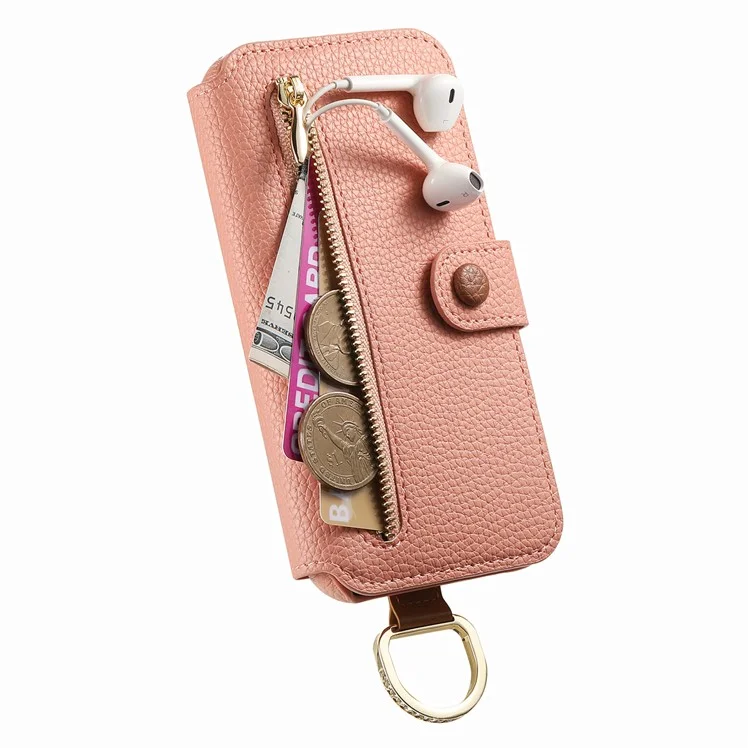 Capa para iPhone 13 com bloqueio RFID, carteira com zíper, em couro PU - Rosa