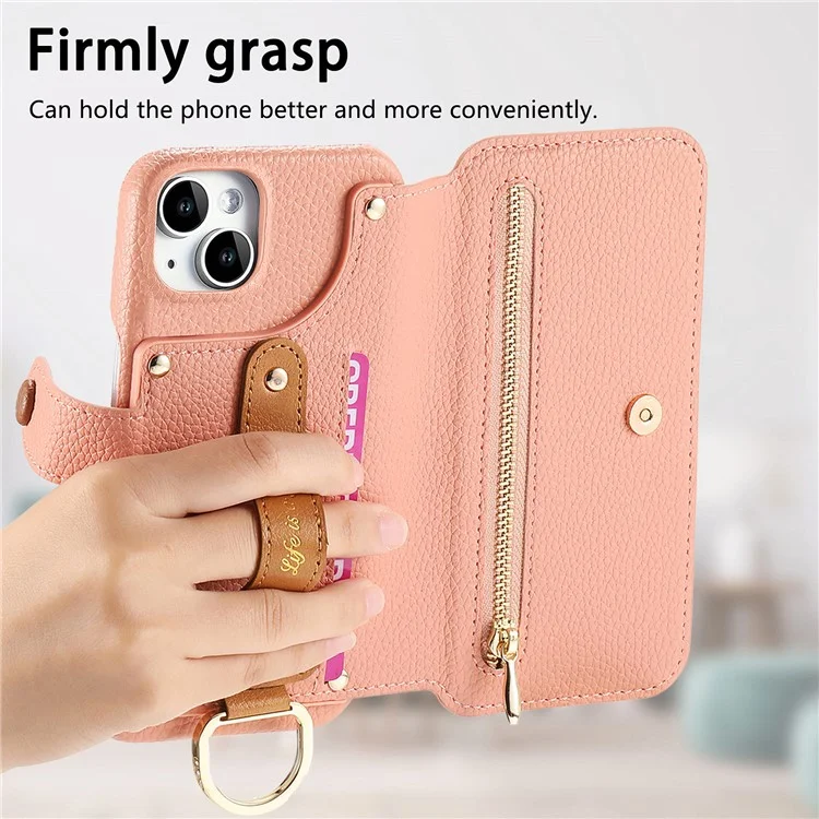 Capa para iPhone 13 com bloqueio RFID, carteira com zíper, em couro PU - Rosa