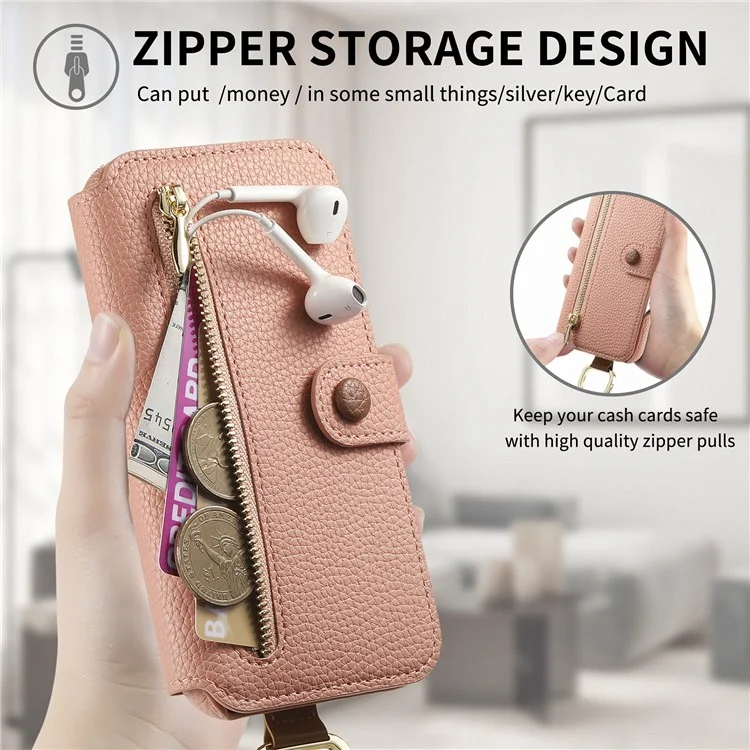 Capa para iPhone 13 com bloqueio RFID, carteira com zíper, em couro PU - Rosa