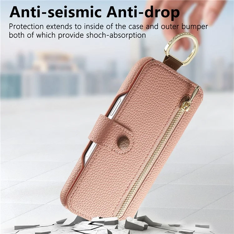 Capa para iPhone 13 com bloqueio RFID, carteira com zíper, em couro PU - Rosa