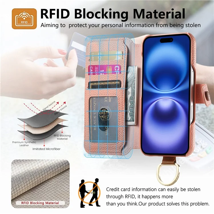 Capa para iPhone 13 com bloqueio RFID, carteira com zíper, em couro PU - Rosa