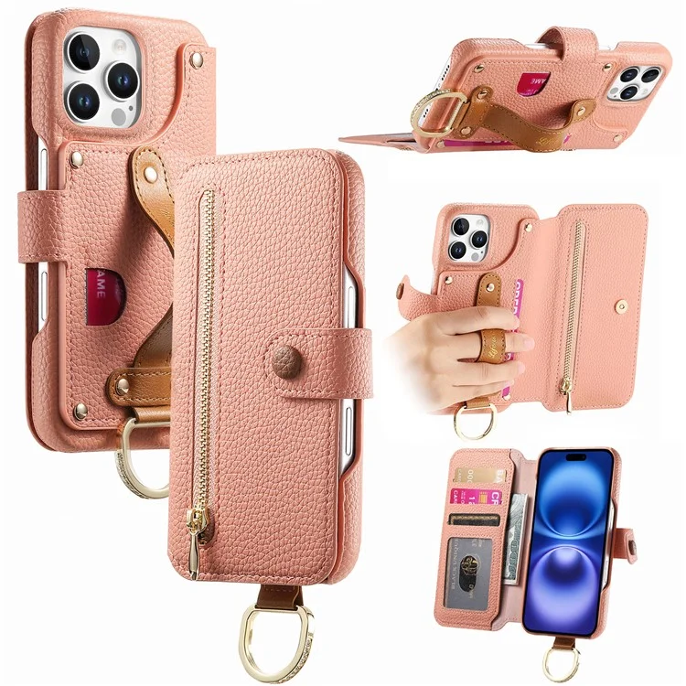 Étui pour iPhone 14 Pro Max avec blocage RFID, portefeuille à fermeture éclair en cuir PU - Rose