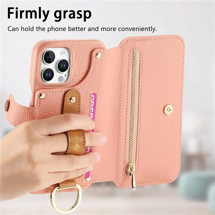 Étui pour iPhone 14 Pro Max avec blocage RFID, portefeuille à fermeture éclair en cuir PU - Rose