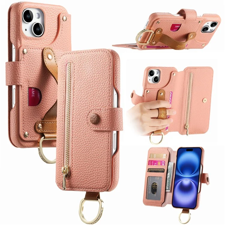 Étui pour iPhone 14 en cuir PU avec blocage RFID et fermeture éclair - Rose