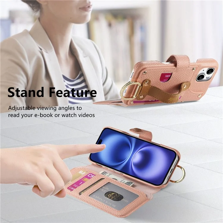 Étui pour iPhone 14 en cuir PU avec blocage RFID et fermeture éclair - Rose