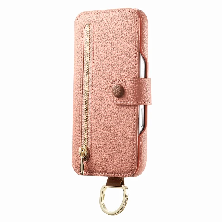 Étui pour iPhone 14 en cuir PU avec blocage RFID et fermeture éclair - Rose