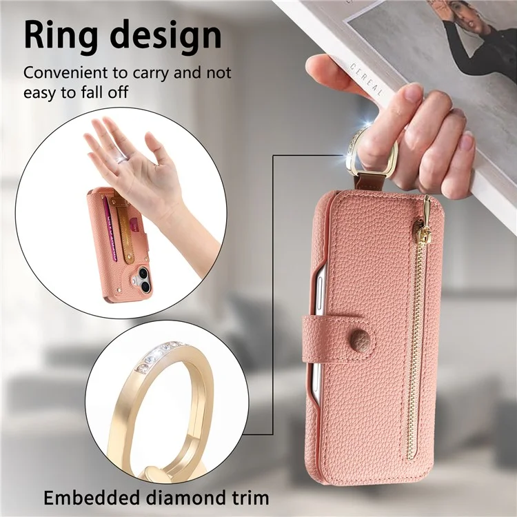 Étui pour iPhone 14 en cuir PU avec blocage RFID et fermeture éclair - Rose