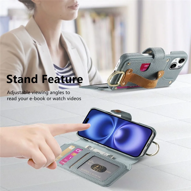 For iPhone 14 Case RFID Blocking Zipper Wallet PU Leather Mobile Cover - Blue