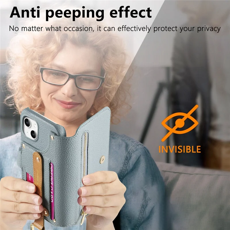 For iPhone 14 Case RFID Blocking Zipper Wallet PU Leather Mobile Cover - Blue