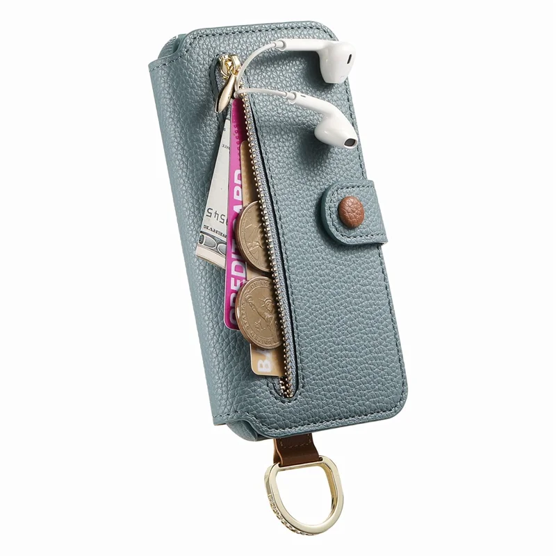 For iPhone 14 Case RFID Blocking Zipper Wallet PU Leather Mobile Cover - Blue