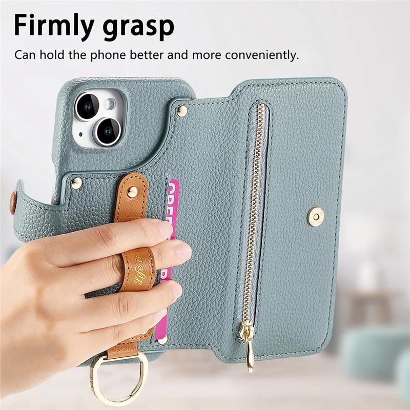 For iPhone 14 Case RFID Blocking Zipper Wallet PU Leather Mobile Cover - Blue