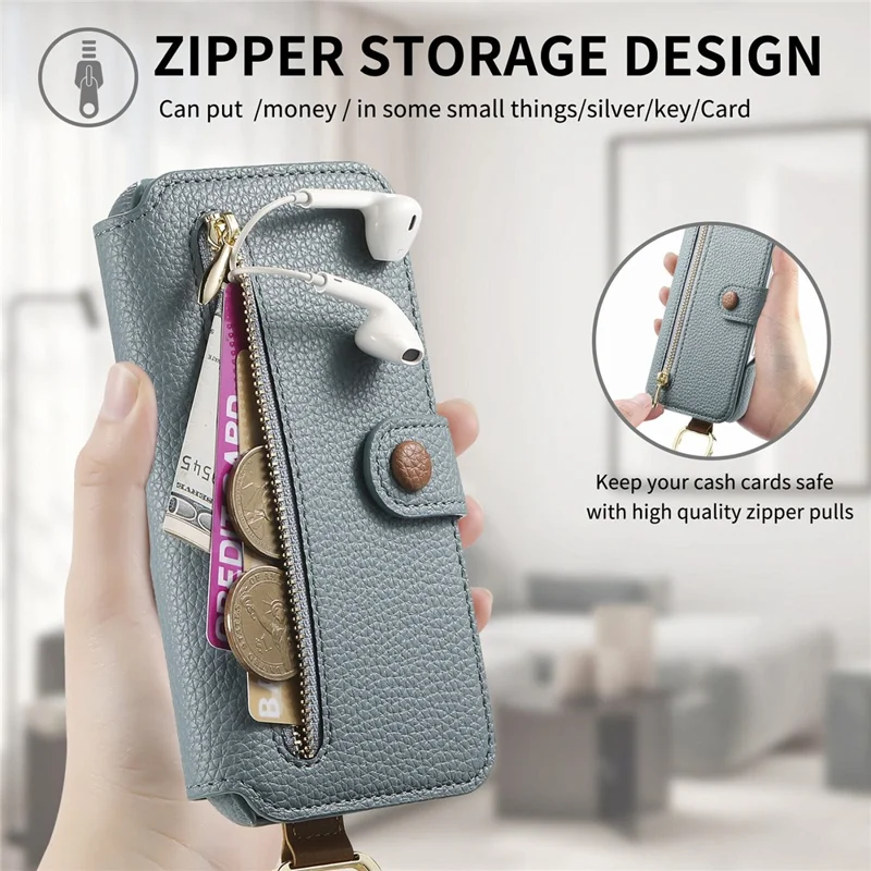 For iPhone 14 Case RFID Blocking Zipper Wallet PU Leather Mobile Cover - Blue