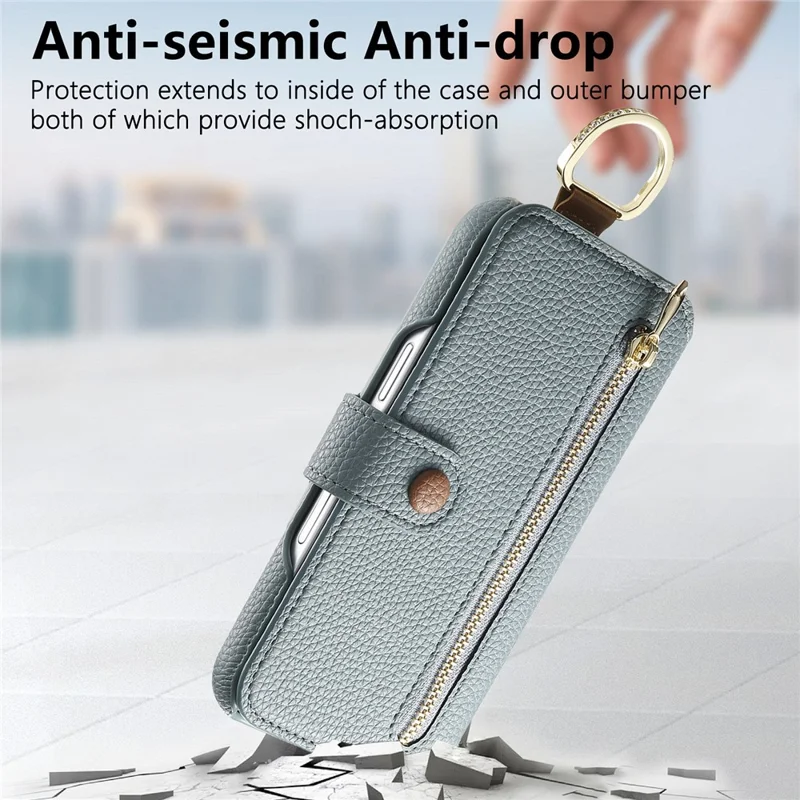 For iPhone 14 Case RFID Blocking Zipper Wallet PU Leather Mobile Cover - Blue