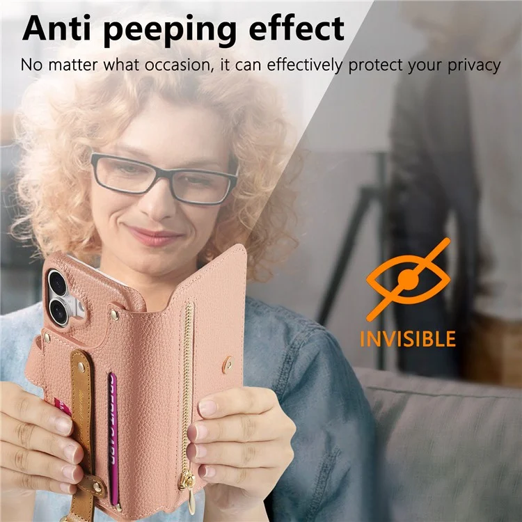 Étui pour iPhone 16 Plus avec blocage RFID, portefeuille à fermeture éclair en cuir PU - Rose