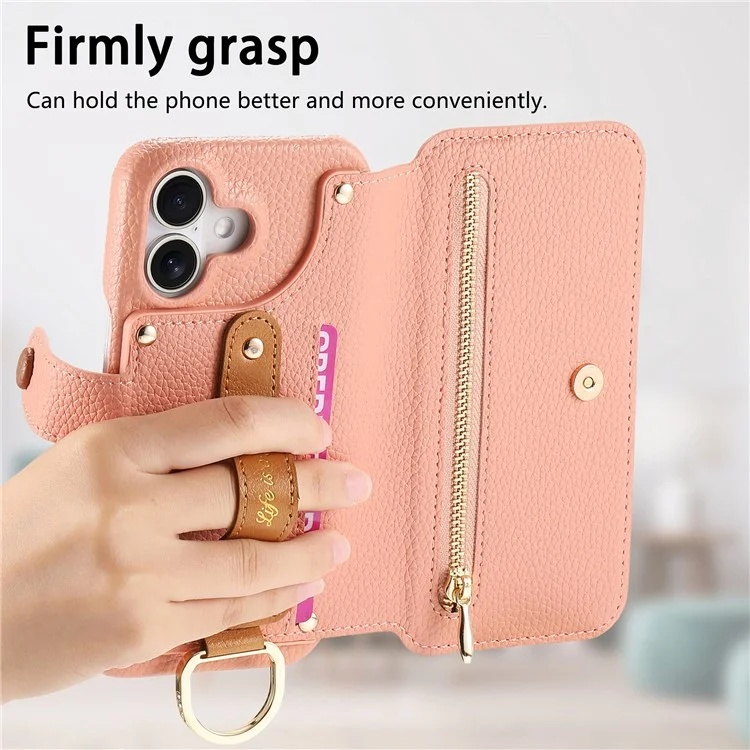 Étui pour iPhone 16 Plus avec blocage RFID, portefeuille à fermeture éclair en cuir PU - Rose