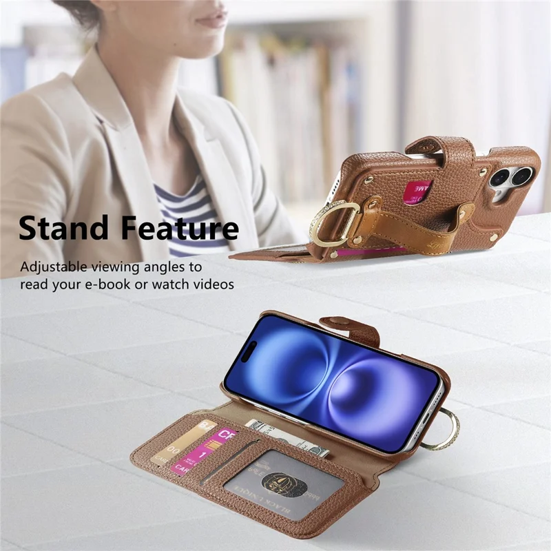 For iPhone 16 Plus Case RFID Blocking Zipper Wallet PU Leather Mobile Cover - Brown