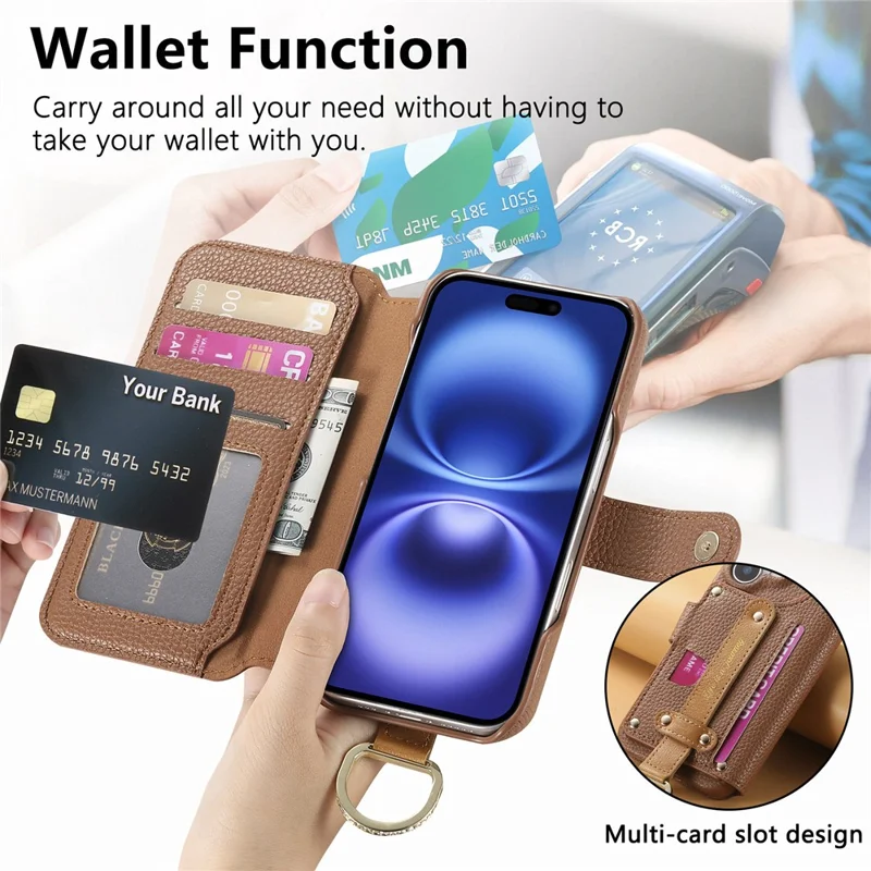For iPhone 16 Plus Case RFID Blocking Zipper Wallet PU Leather Mobile Cover - Brown