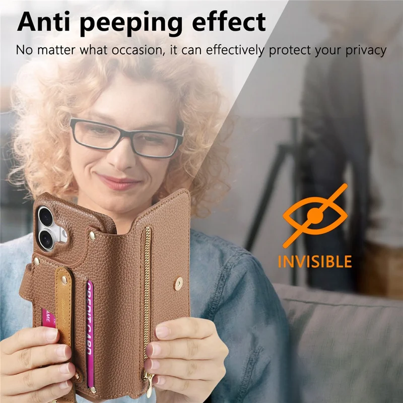 For iPhone 16 Plus Case RFID Blocking Zipper Wallet PU Leather Mobile Cover - Brown