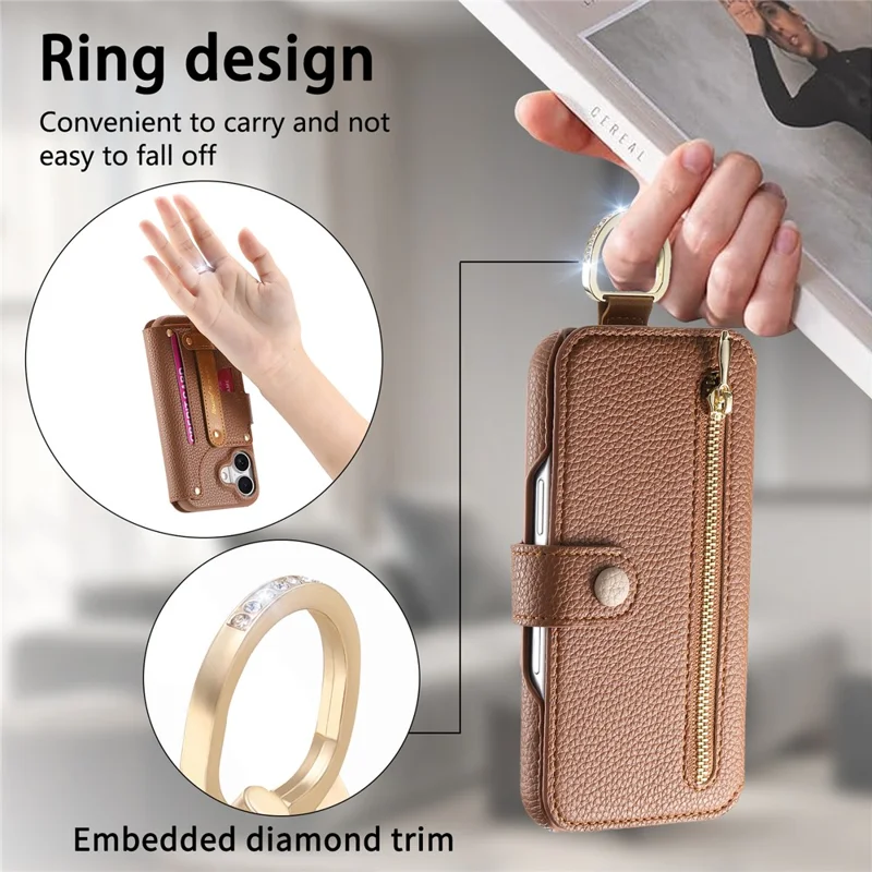 For iPhone 16 Plus Case RFID Blocking Zipper Wallet PU Leather Mobile Cover - Brown