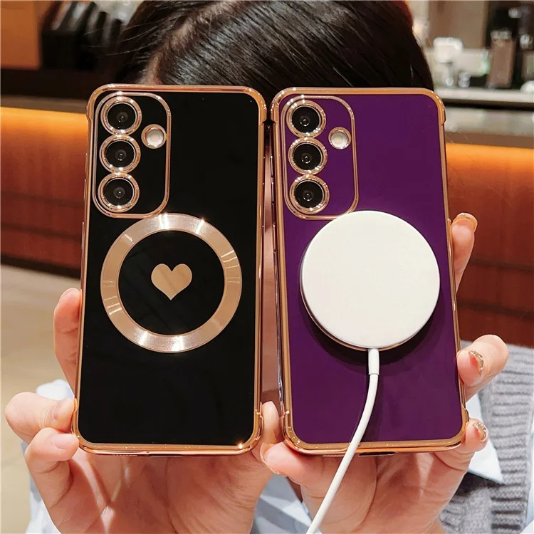 Für Samsung Galaxy S25+ magnetische Hülle Elektroplattierung Soft TPU-Abdeckung mit süßem Liebesherz - Schwarz
