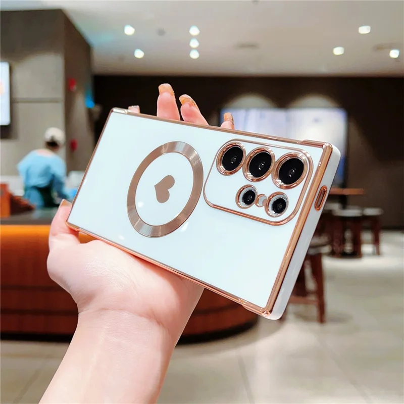 Für Samsung Galaxy S25 Ultra magnetische Hülle Elektroplattierung Soft TPU Cover mit niedlichem Liebesherz - Elfenbeinweiß