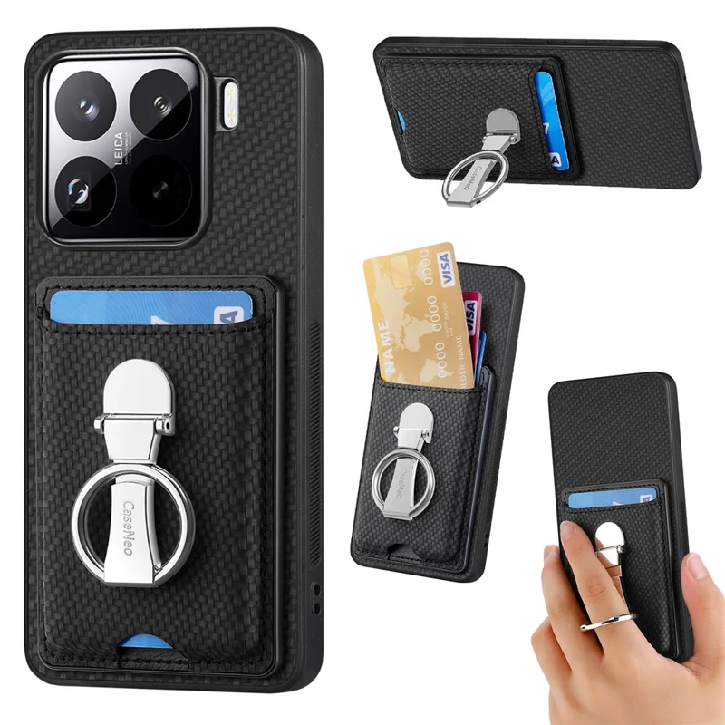 ЧЕХОЛ CASENEO C1-9 ДЛЯ XIAOMI 15 С ПОДСТАВКОЙ, СЛОТАМИ ДЛЯ КАРТ, ЗАДНЕЙ КРЫШКОЙ ИЗ УГЛЕРОДНОГО ВОЛОКНА - ЧЕРНЫЙ