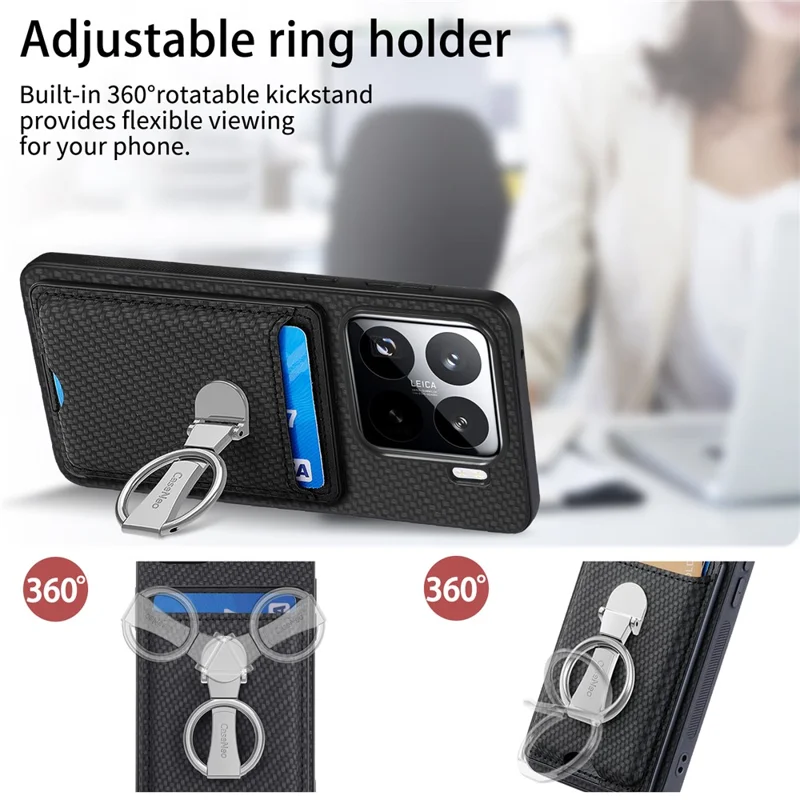 ЧЕХОЛ CASENEO C1-9 ДЛЯ XIAOMI 15 С ПОДСТАВКОЙ, СЛОТАМИ ДЛЯ КАРТ, ЗАДНЕЙ КРЫШКОЙ ИЗ УГЛЕРОДНОГО ВОЛОКНА - ЧЕРНЫЙ