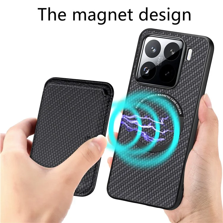 Für Xiaomi 15 Hülle Carbon-Faser-Leder-Rückseite mit abnehmbarem Kartenfach - Schwarz
