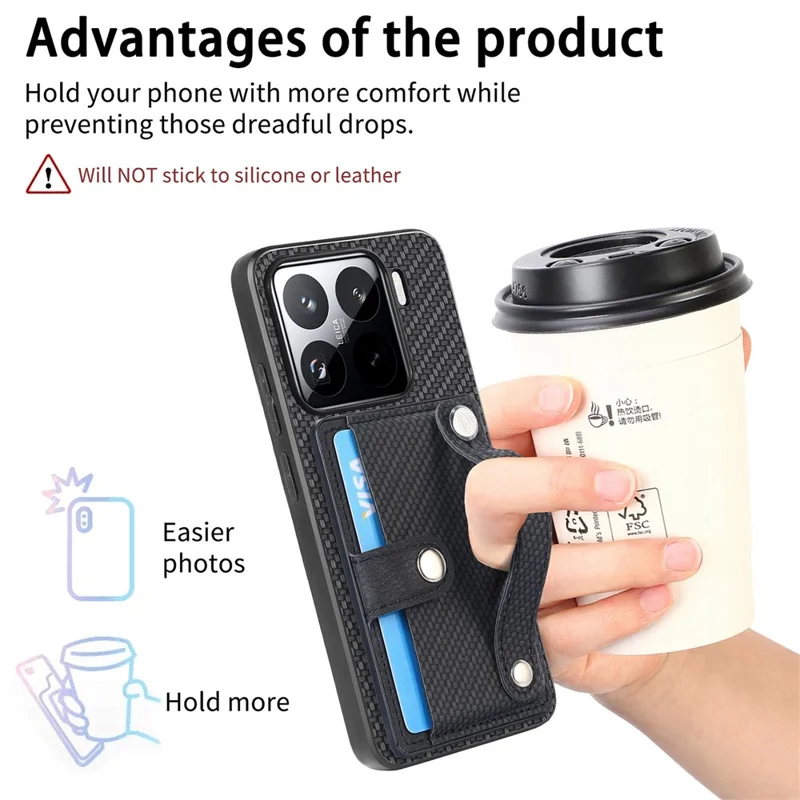 For Xiaomi 15 Case Card Holder Wristband Leather Coated Phone Cover - Black