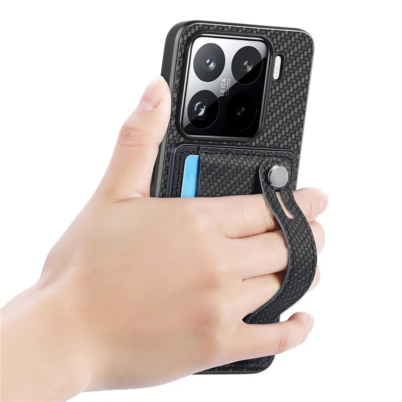 For Xiaomi 15 Case Card Holder Wristband Leather Coated Phone Cover - Black