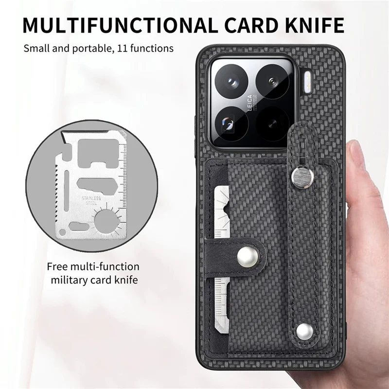 For Xiaomi 15 Case Card Holder Wristband Leather Coated Phone Cover - Black