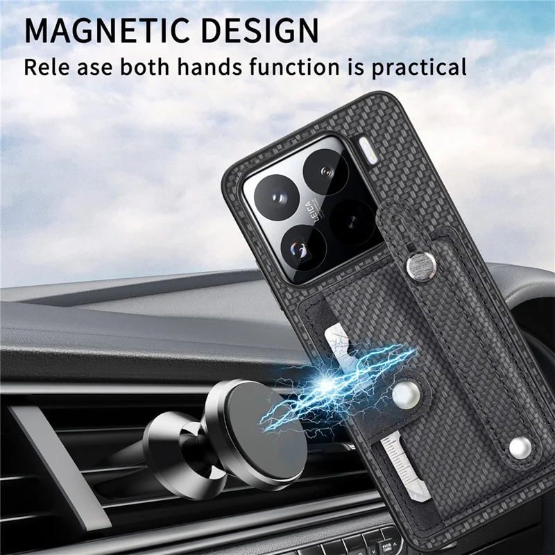 For Xiaomi 15 Case Card Holder Wristband Leather Coated Phone Cover - Black