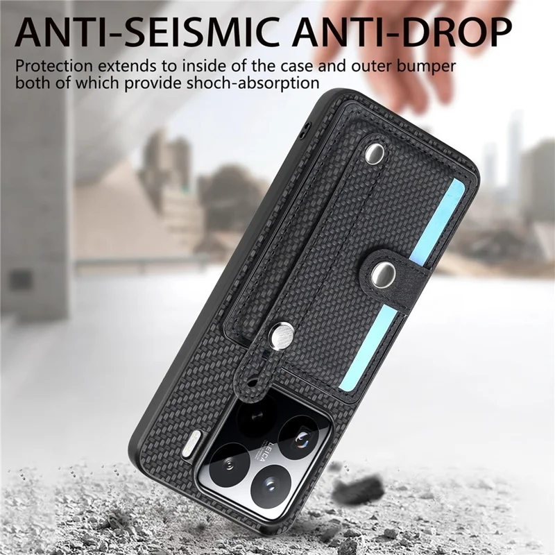 For Xiaomi 15 Case Card Holder Wristband Leather Coated Phone Cover - Black