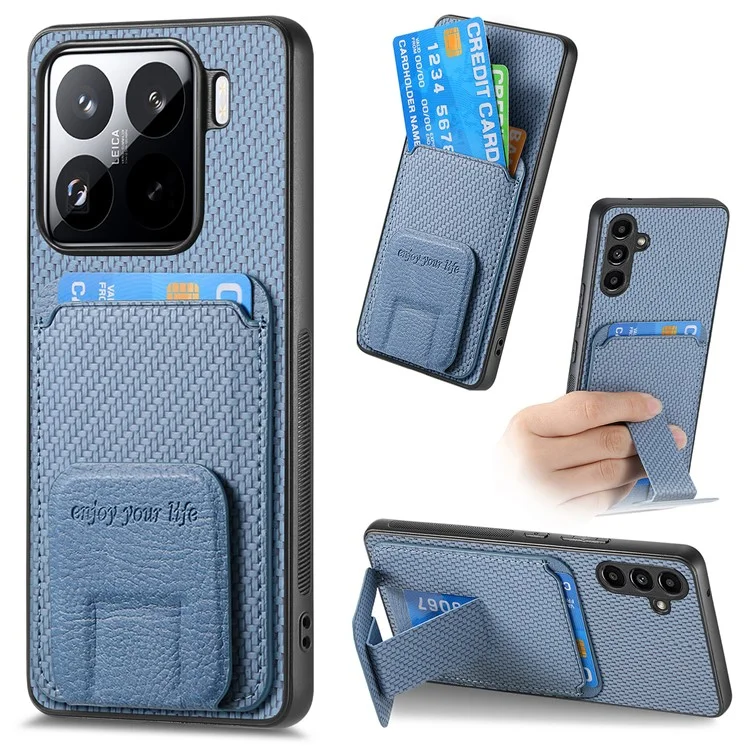 Étui pour Xiaomi 15 avec porte-cartes, texture en fibre de carbone, revêtement en cuir et coque TPU - Bleu