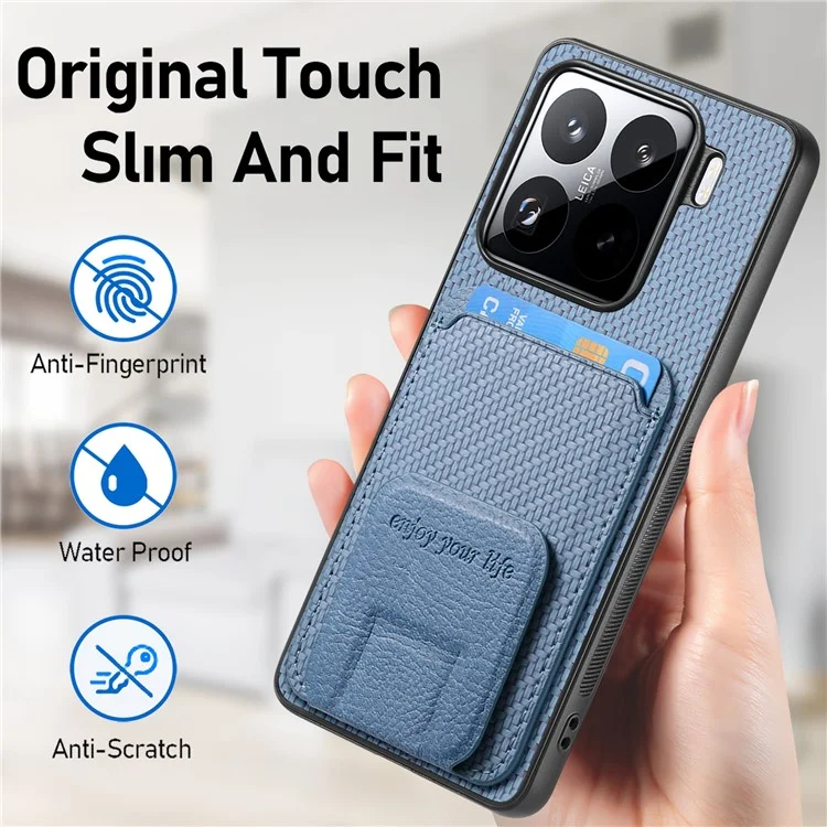 Étui pour Xiaomi 15 avec porte-cartes, texture en fibre de carbone, revêtement en cuir et coque TPU - Bleu